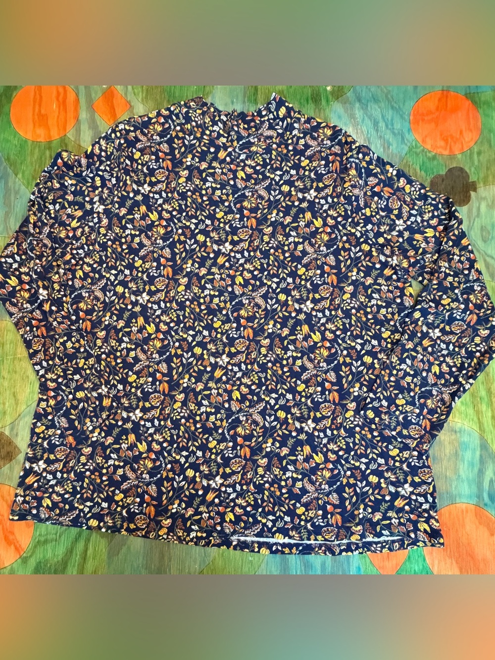 Croft & Barrow 2X Navy Harvest Graphic Print Top Mock Neck Long Sleeve Pullover